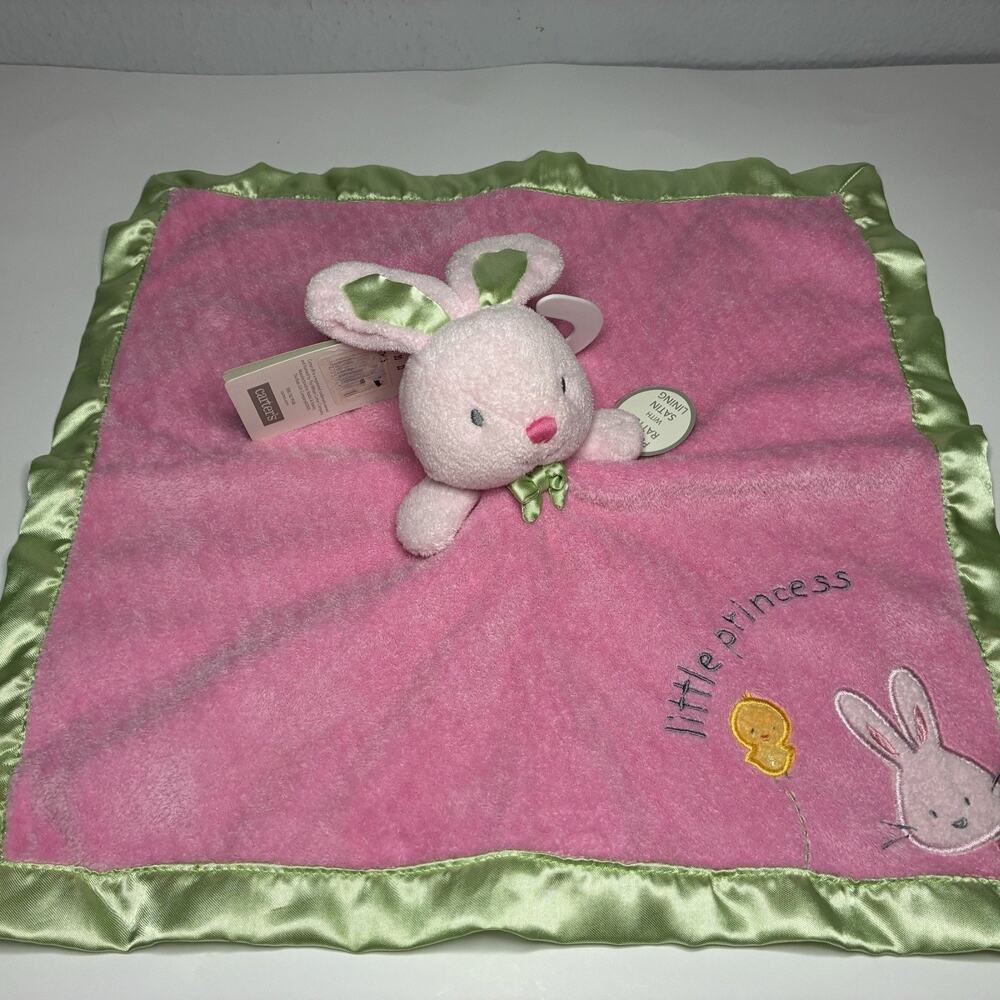 Carter’s Pink Bunny Lovey Green Satin Trim Baby Blanket Little Princess NWT